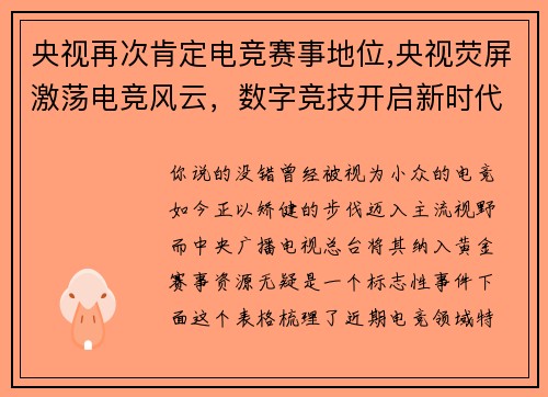 央视再次肯定电竞赛事地位,央视荧屏激荡电竞风云，数字竞技开启新时代